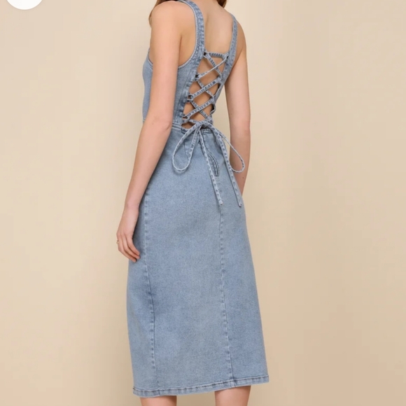 Trendy Inspiration Light Wash Lace-Up Denim Midi Dress size XL - Picture 3 of 4